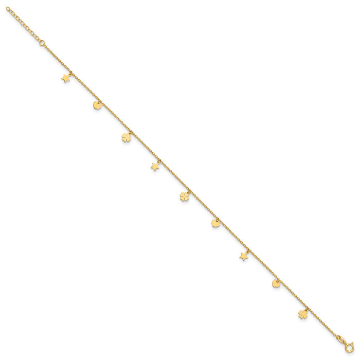 14K Solid Yellow Gold Stars Heart Lucky Clover Shamrock Flower Leaf Anklet Summer Beach Foot Ankle Bracelet