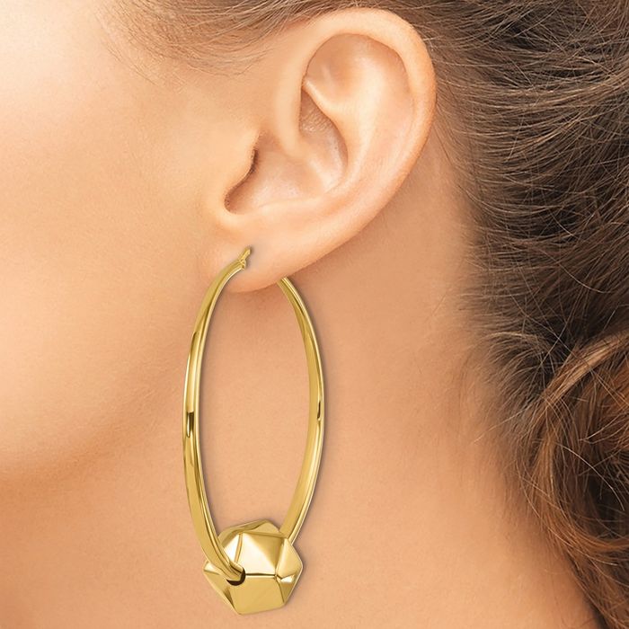 14K Solid Yellow Gold Studded Ball Round Large Hoop Earrings