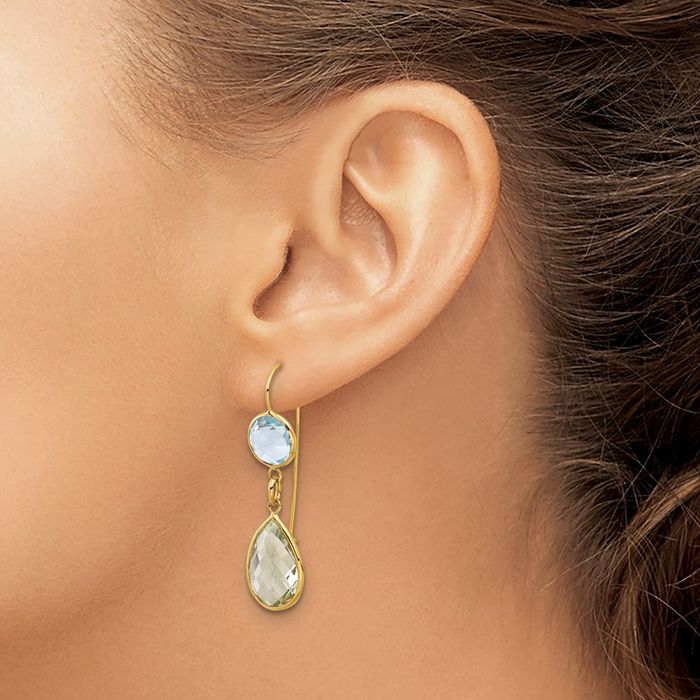 14K Solid Yellow Gold Swiss Blue Topaz Green Quartz Drop Dangle Earrings Pear Teardrop Gemstone