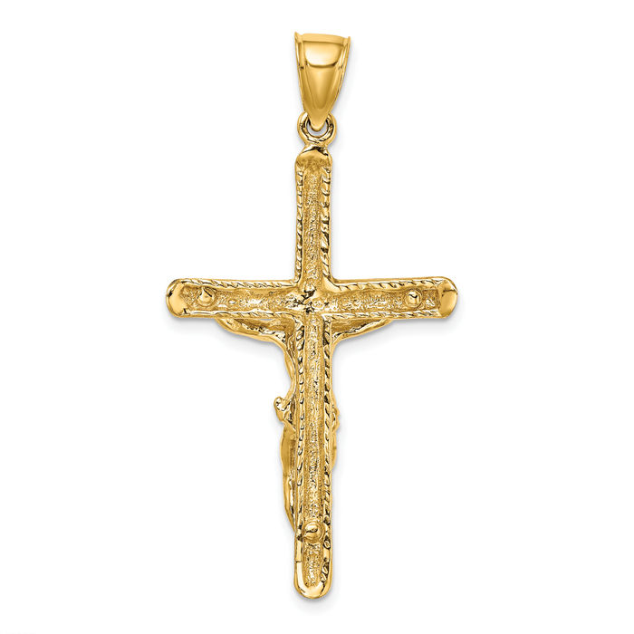 14K Solid Yellow Gold Lord Jesus Christ Crucifix Holy Cross Necklace Religious Chain Pendant Charm