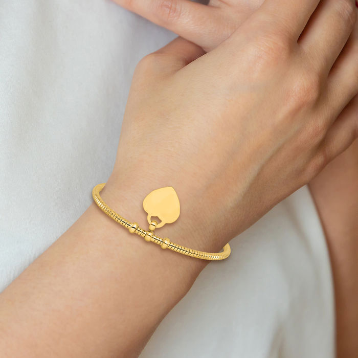 14K Solid Yellow Gold Flexible Heart Dangling Bangle Bracelet