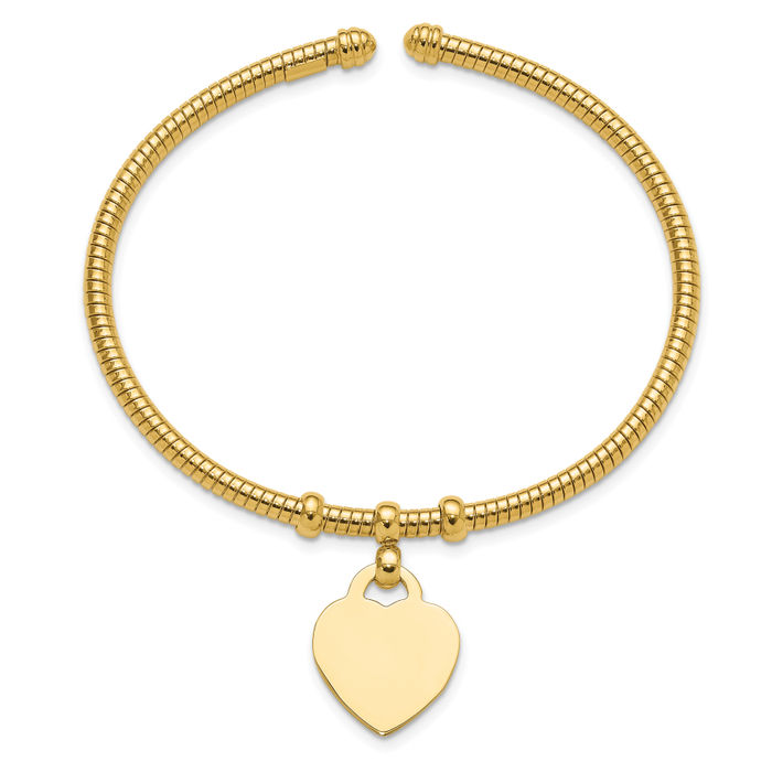 14K Solid Yellow Gold Flexible Heart Dangling Bangle Bracelet