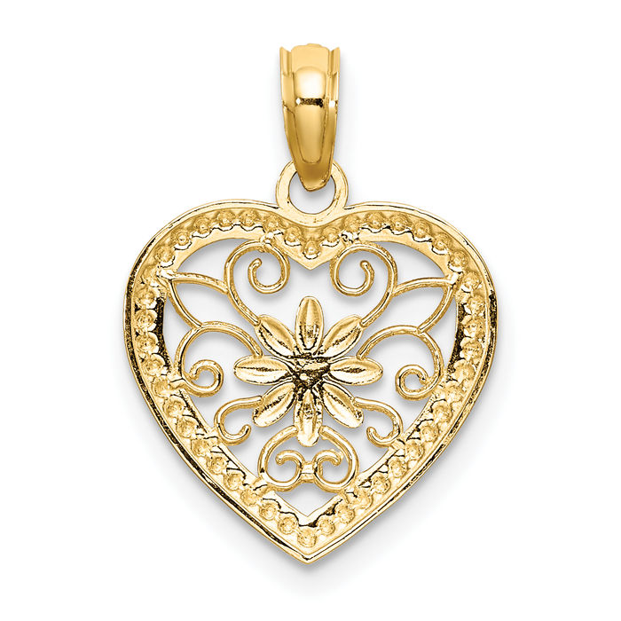 14K Solid Yellow Gold Heart Flower Antique Filigree Necklace Chain Pendant Charm