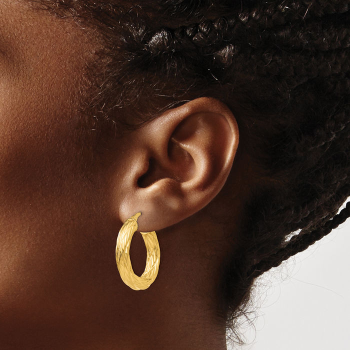 14K Solid Yellow Gold Tube Round Medium Hoop Earrings