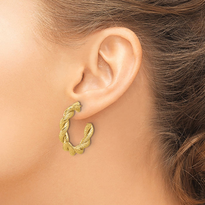 14K Solid Yellow Gold Twisted Post Hoop Earrings