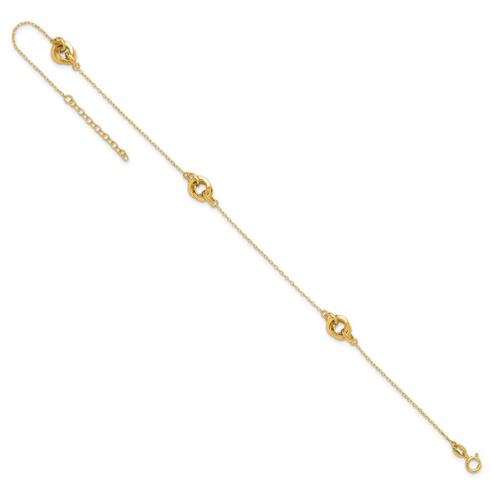 14K Solid Yellow Gold 3 Station Link Anklet Summer Beach Foot Ankle Bracelet