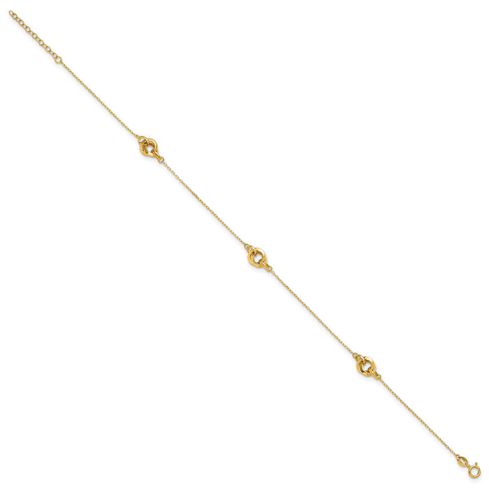 14K Solid Yellow Gold 3 Station Link Anklet Summer Beach Foot Ankle Bracelet