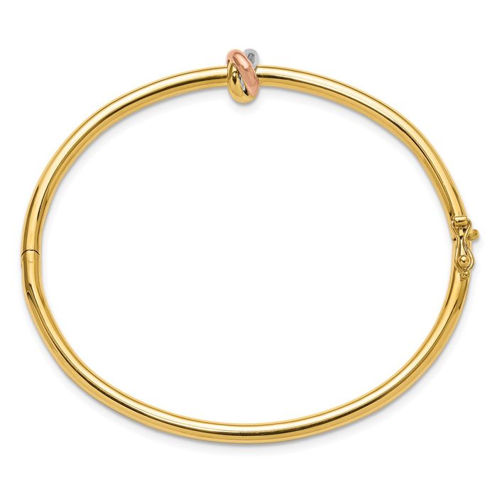 14K Solid Yellow Gold Tri Color Pink White Love Knot Bangle Bracelet