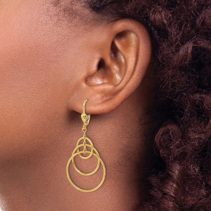 14K Solid Yellow Gold Triple Circle Round Drop Dangle Earrings