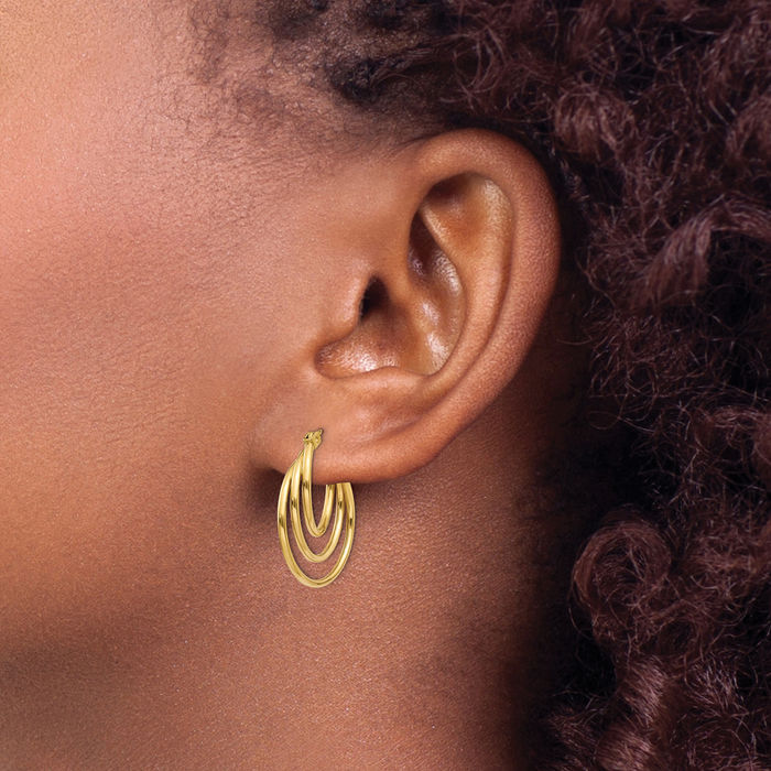 14K Solid Yellow Gold Triple Round Medium Hoop Earrings