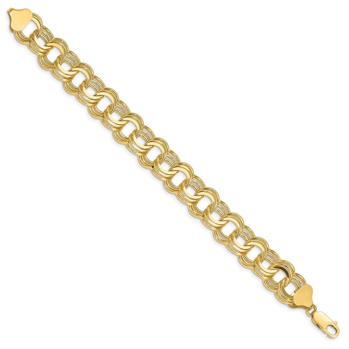 14K Solid Yellow Gold Triple Link Chain Charm Bracelet