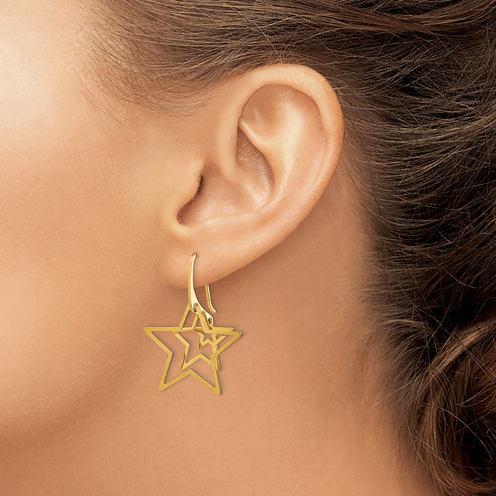 14K Solid Yellow Gold Triple Star Drop Dangle Earrings