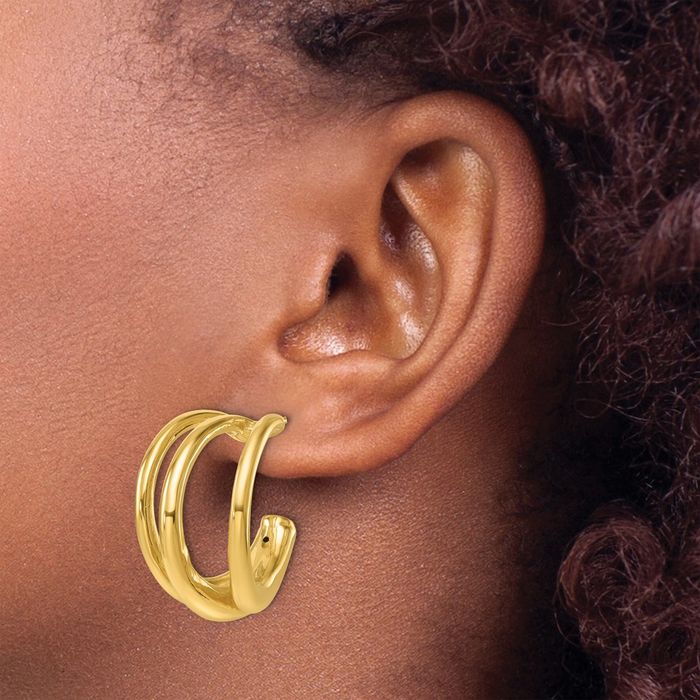 14K Solid Yellow Gold Triple Wire C Hoop Earrings