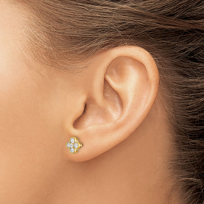 14K Solid Yellow Gold Lab Diamond Bloom Flower Stud Earrings