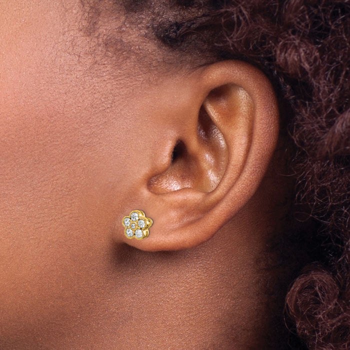 14K Solid Yellow Gold Lab Diamond Flower Stud Earrings