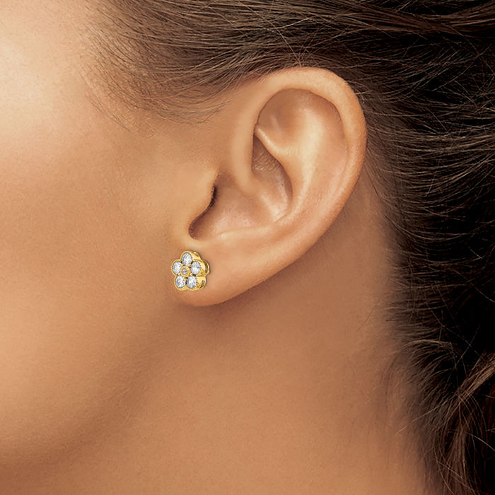 14K Solid Yellow Gold Lab Diamond Flower Stud Earrings