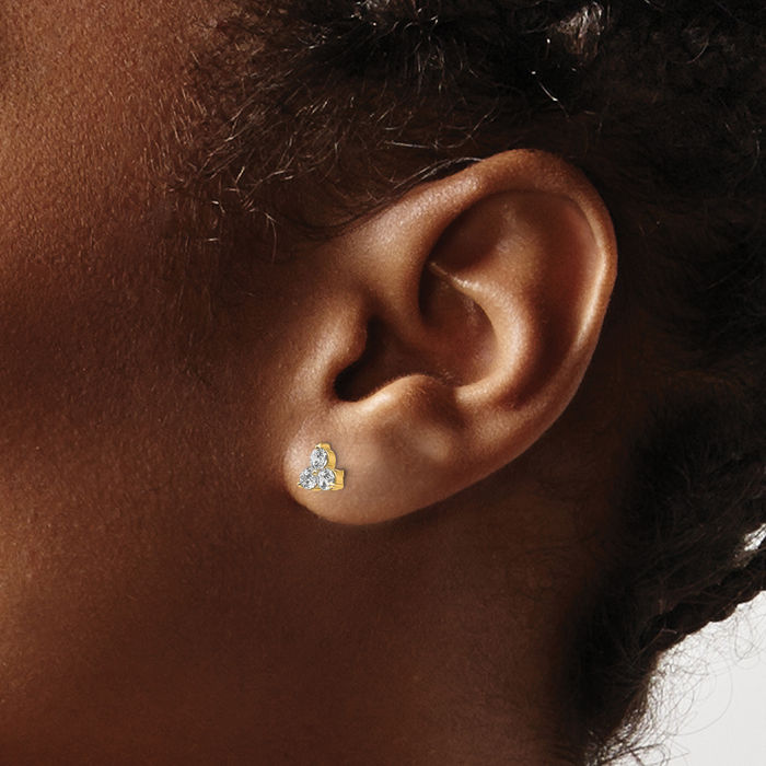 14K Solid Yellow Gold Lab Diamond 3 Stone Post Stud Earrings