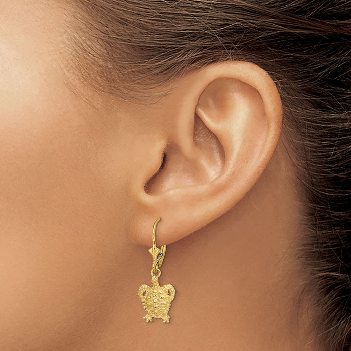 14K Solid Yellow Gold Sea Turtle Drop Dangle Earrings