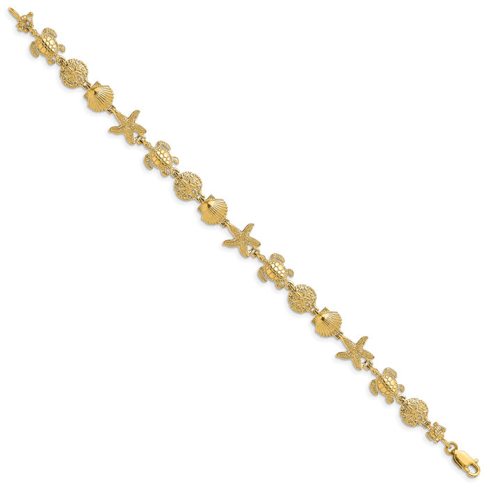 14K Solid Yellow Gold Turtle Sand Dollar Sea Star Starfish Shell Link Chain Charm Bracelet