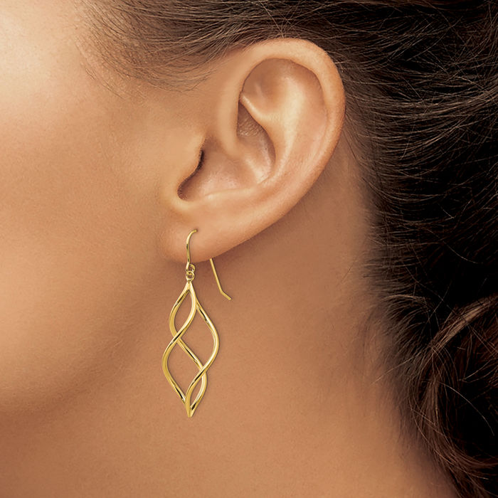 14K Solid Yellow Gold Twisted Drop Dangle Earrings