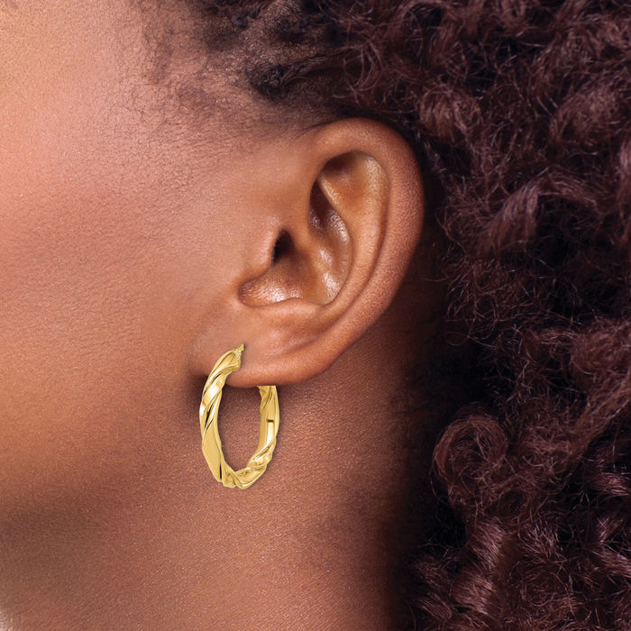 14K Solid Yellow Gold Twisted Round Medium Hoop Earrings