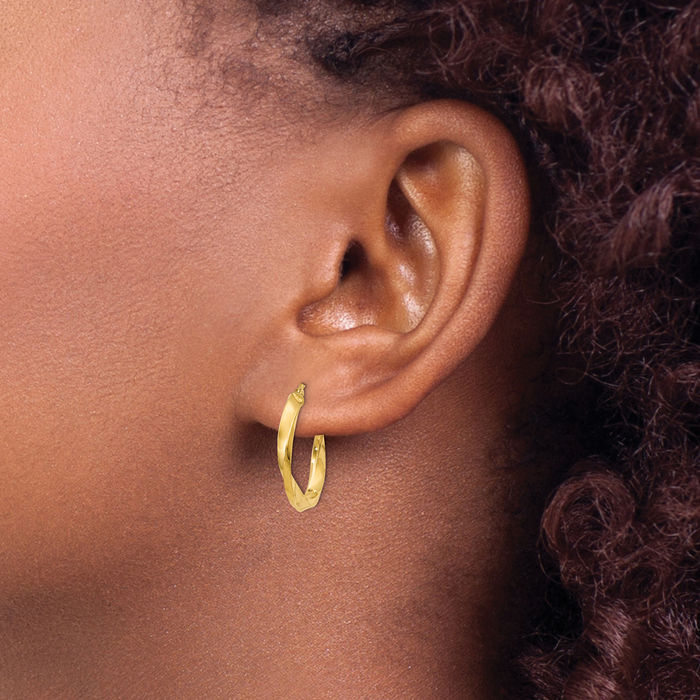 14K Solid Yellow Gold Twisted Medium Hoop Earrings