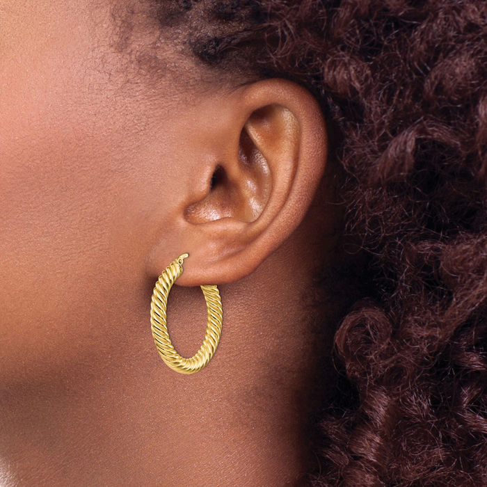 14K Solid Yellow Gold Twisted Medium Hoop Earrings