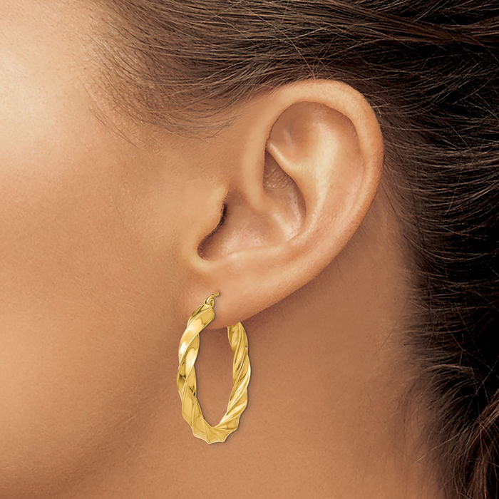 14K Solid Yellow Gold Twisted Round Medium Hoop Earrings