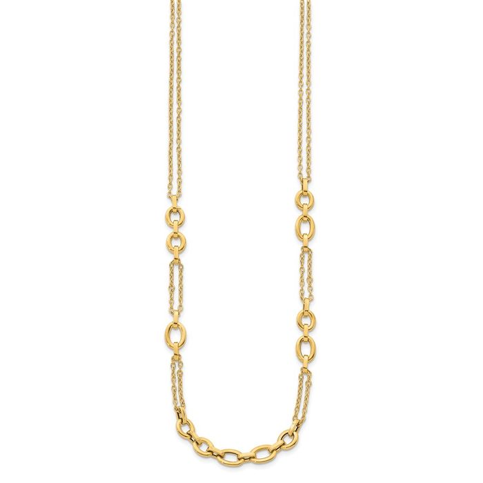 14K Solid Yellow Gold Two Strand Link Station Chain Necklace