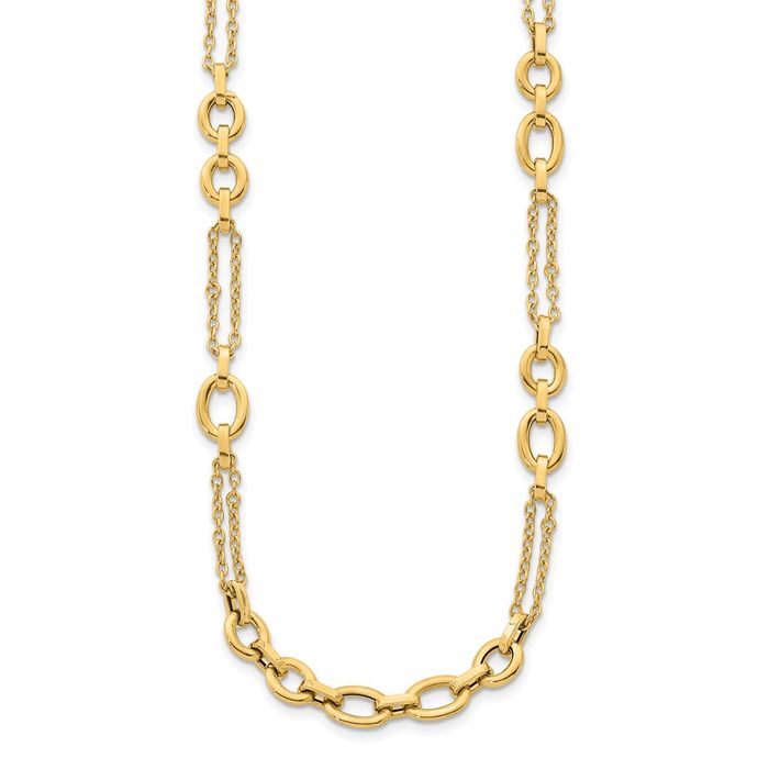 14K Solid Yellow Gold Two Strand Link Station Chain Necklace