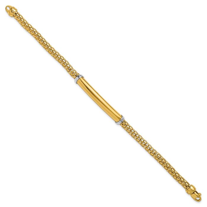 14K Solid Two Tone Gold White Yellow Popcorn Mesh Bar Chain Bracelet