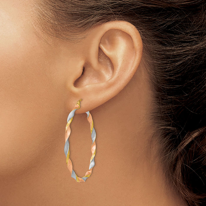 14K Solid Two Tone Yellow White Gold Rose Twisted Round Large Hoop Earrings