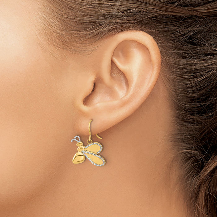 14K Solid Two Tone Yellow White Gold Queen Bumble Bee Honeybee Beekeeper Drop Dangle Earrings