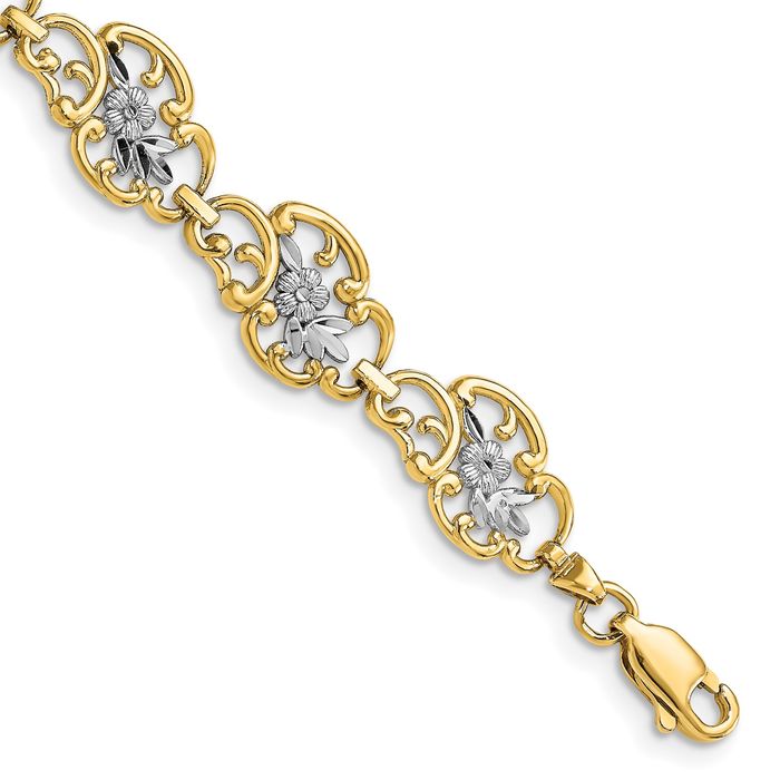 14K Solid Two Tone Yellow White Gold Chain Charm Bracelet