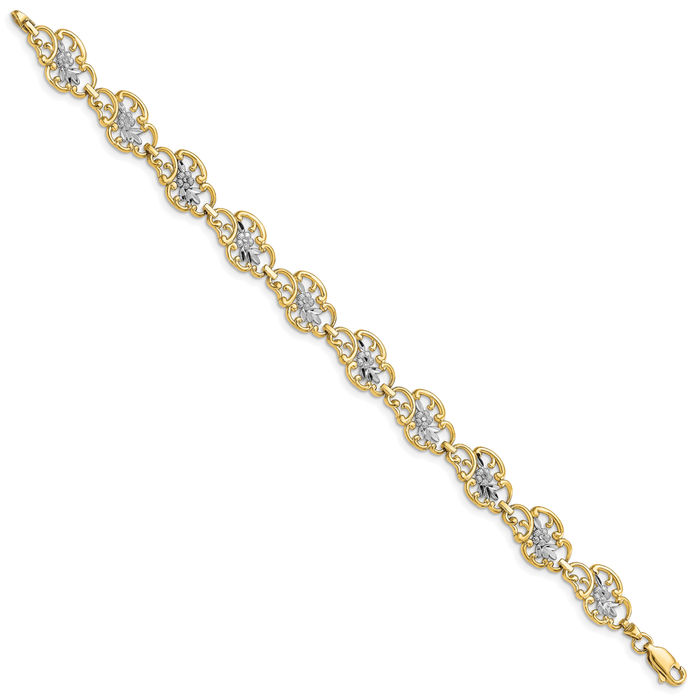 14K Solid Two Tone Yellow White Gold Chain Charm Bracelet