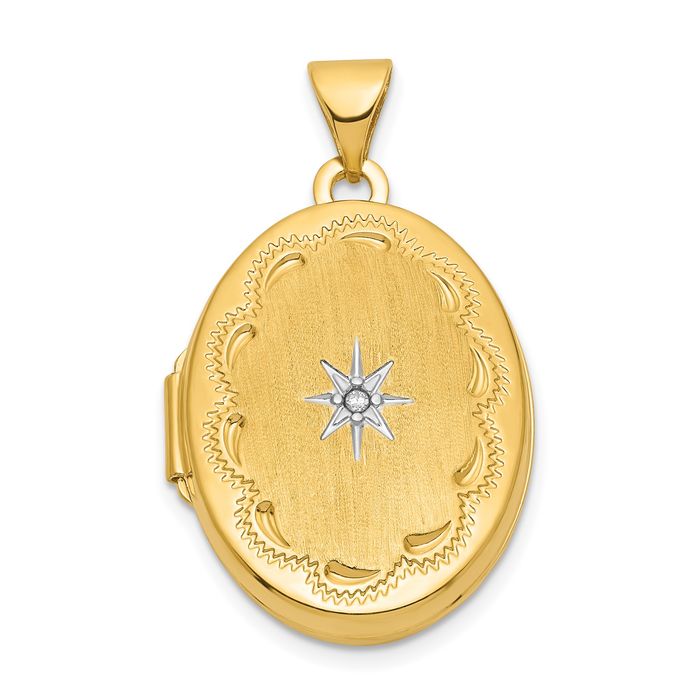 14K Solid Two Tone Gold Diamond Star Oval Photo Locket Necklace - Picture 15 of 24