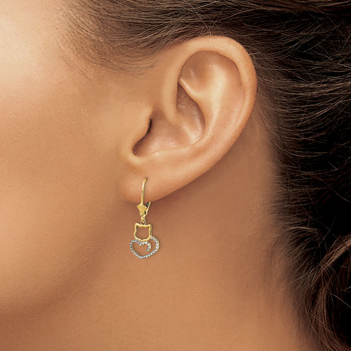 14K Solid Two Tone Yellow White Gold Cat Heart Drop Dangle Earrings