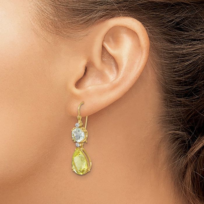 14K Solid Two Tone Yellow White Gold Diamond Green Lemon Quartz Shephard Hook Drop Dangle Earrings