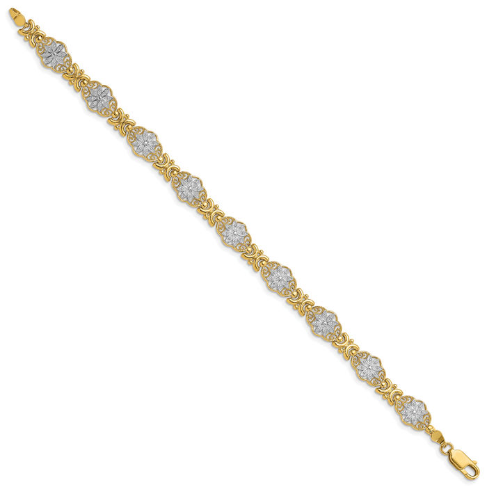 14K Solid Two Tone Yellow White Gold Flower Chain Charm Bracelet