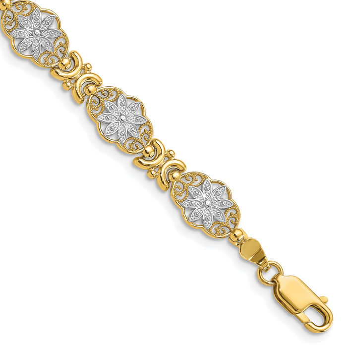 14K Solid Two Tone Yellow White Gold Flower Chain Charm Bracelet