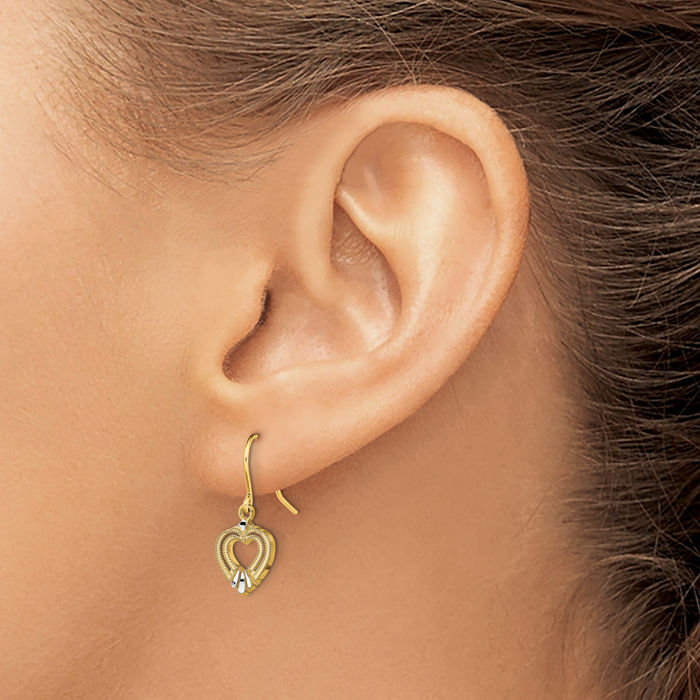 14K Solid Two Tone Yellow White Gold Heart Drop Dangle Earrings