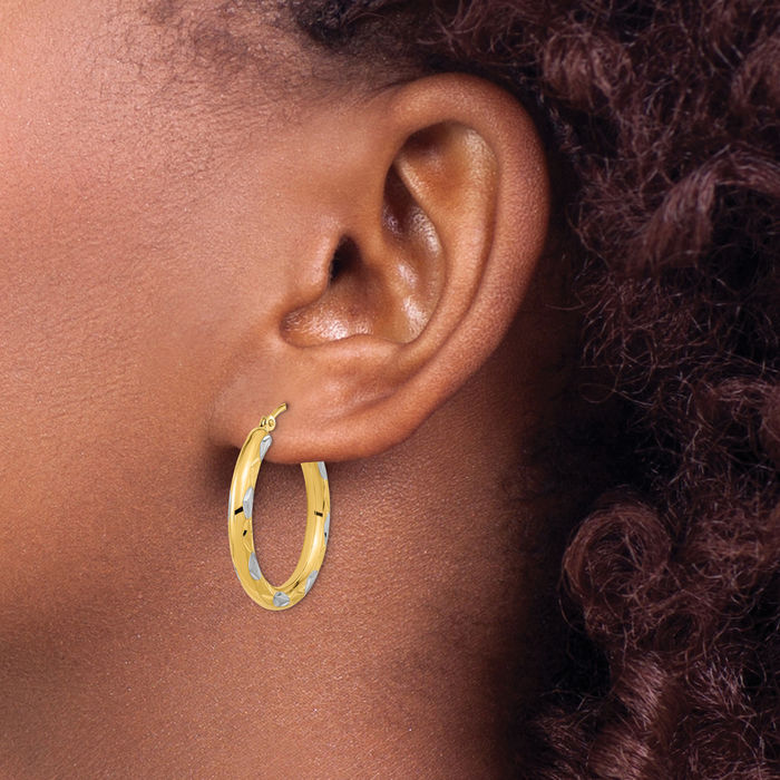 14K Solid Two Tone Yellow White Gold Medium Hoop Earrings