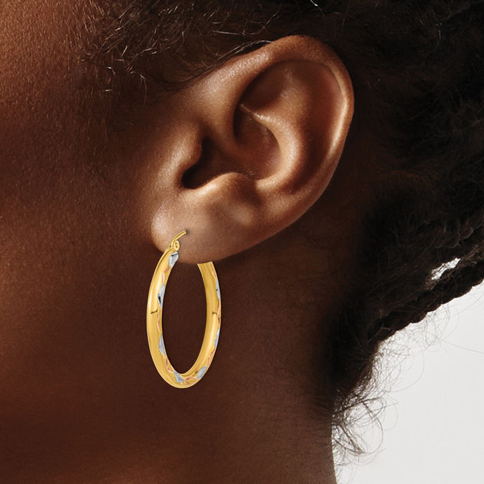 14K Solid Two Tone Yellow White Gold Medium Hoop Earrings