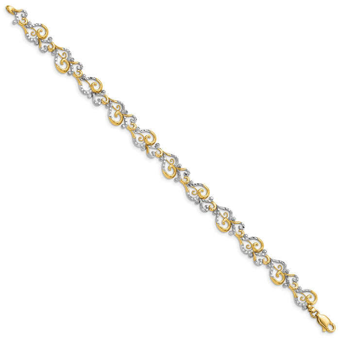 14K Solid Two Tone Yellow White Gold Link Chain Charm Bracelet