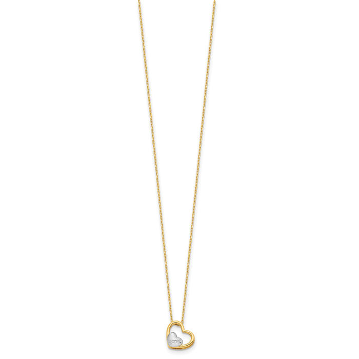 14K Solid Two Tone Yellow White Gold Love Heart Necklace Chain