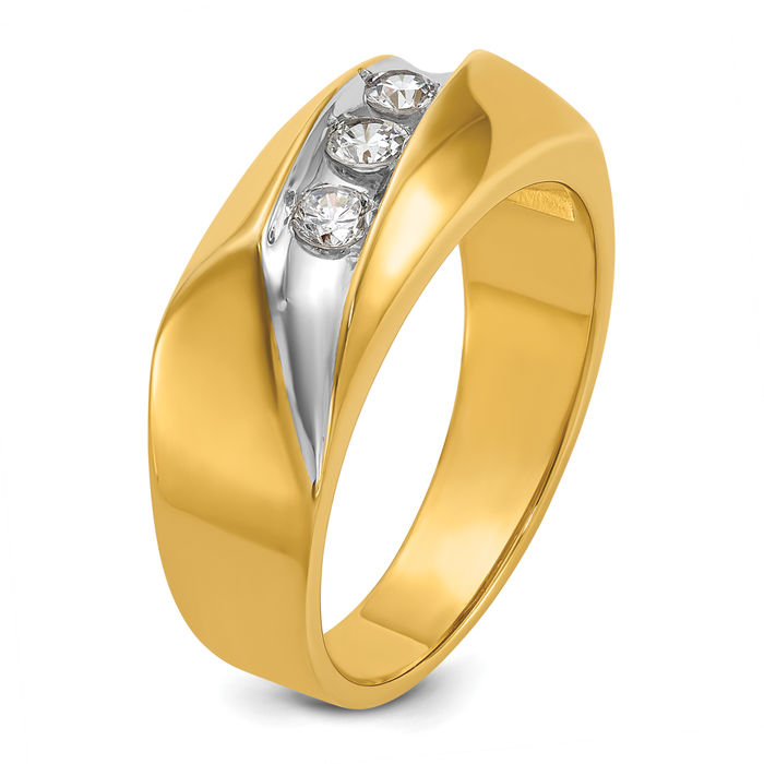 14K Solid Two Tone Yellow White Gold Mens 3 Stone Diamond Wedding Band Statement Ring