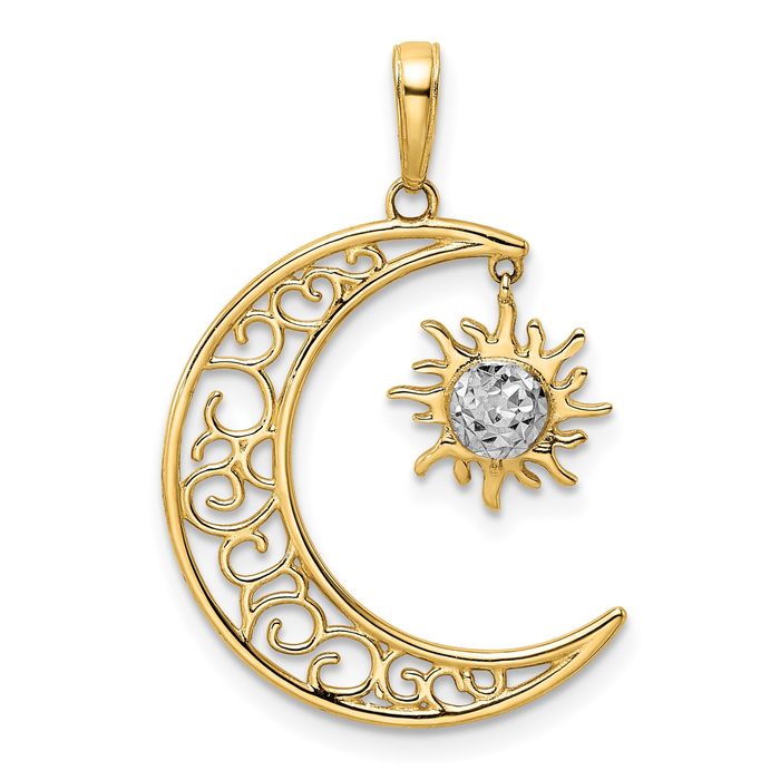 14K Solid Two Tone Gold Moon Dangling Sun Necklace - Picture 11 of 12