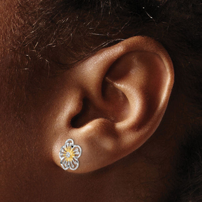 14K Solid Two Tone Yellow White Gold Flower Stud Earrings