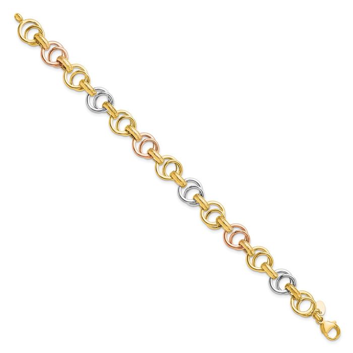 14K Solid Two Tone Yellow White Gold Rose Link Chain Bracelet