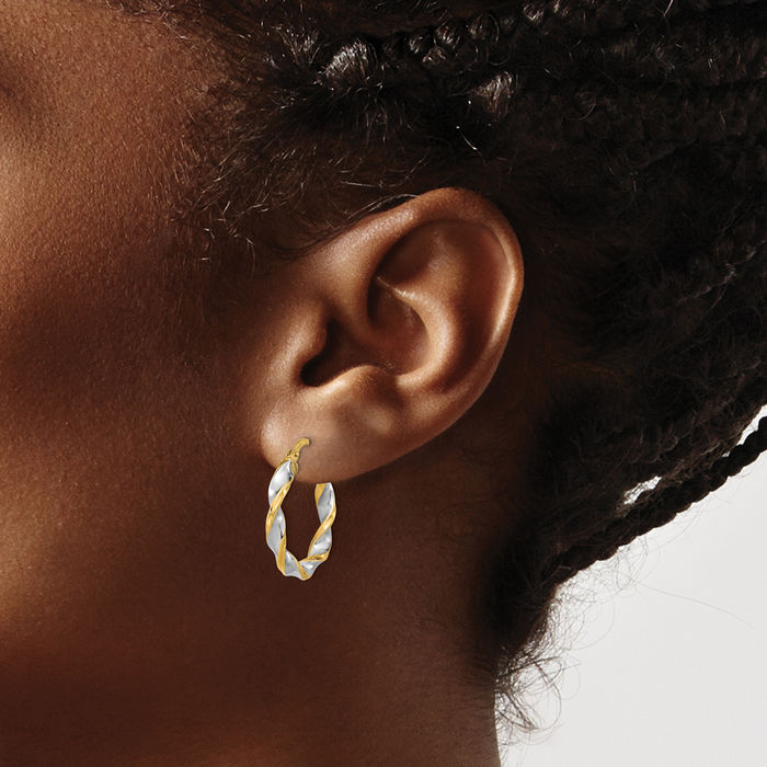 14K Solid Two Tone Yellow White Gold Twisted Round Medium Hoop Earrings